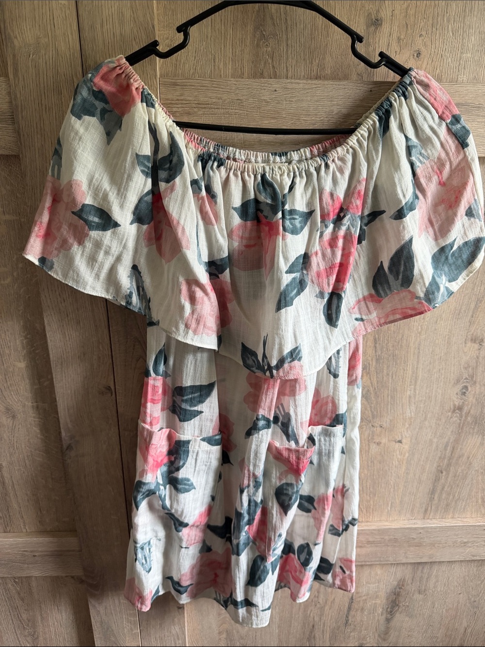 Off-Shoulder Floral Tunic Dress in Cream with Pink & Slate Leaves with pockets